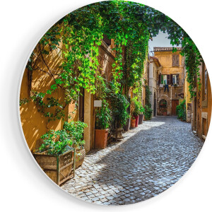 Artaza Forex Muurcirkel Straatje in Rome met Groene Planten - 90x90 cm - Groot - Wandcirkel - Rond Schilderij - Muurdecoratie Cirkel