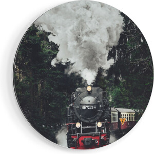 Artaza Dibond Muurcirkel Locomotief in de Bossen met Stoom Wolken  - Ø 80 cm - Groot - Wandcirkel - Rond Schilderij - Voor Binnen en Buiten