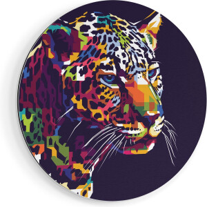 Artaza Dibond Muurcirkel Kleurrijke Luipaard - Abstract - Ø 40 cm - Klein - Wandcirkel - Rond Schilderij - Voor Binnen en Buiten