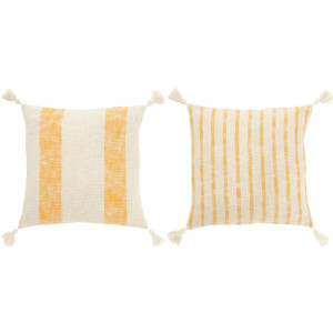 J-Line kussen Vierkant Strepen + Kwasten - katoen - wit/oranje - 2 stuks