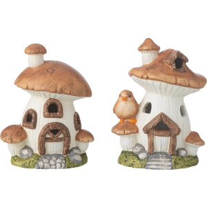 J-Line decoratie Huis Paddenstoel - porselein - mix - 2 stuks - LED lichtjes