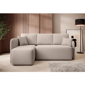 Hadson hoekbank met slaapfunctie en beddengoedcontainer, linkerkant, 206 cm x 150 cm, veloursstof, kleur beige
