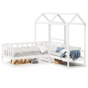 vidaXL - Kinderbed - met - huisje - en - bankje - massief - grenenhout - wit - 80x200 - cm
