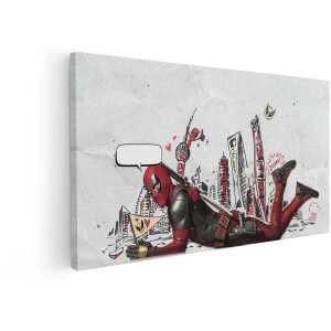 Artaza Canvas Schilderij Deadpool in een Getekende Stad met een Vlag van Wolverine en een Lege Spraakballon - 60x30 cm - Wanddecoratie Woonkamer - Schilderijen - Muurdecoratie