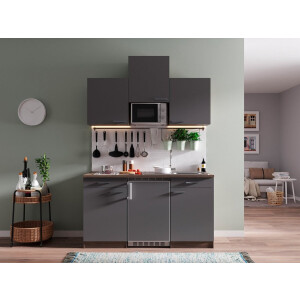 Goedkope keuken 150  cm - complete kleine keuken met apparatuur Oliver - Donker eiken/Grijs - elektrische kookplaat  - koelkast        - magnetron - mini keuken - compacte keuken - keukenblok met apparatuur