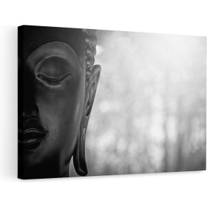Artaza Canvas Schilderij Boeddha Beeld met Zon - Zwart Wit - 90x60 - Foto Op Canvas - Canvas Print - Muurdecoratie