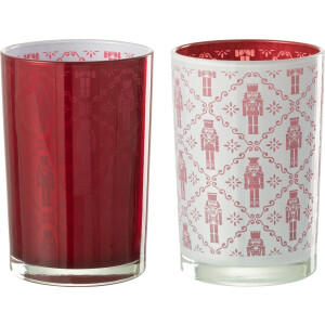 J-Line windlicht Notenkraker - glas - wit/rood - large - 2 stuks