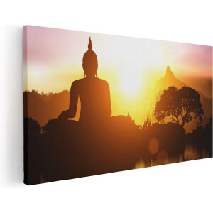 Artaza Canvas Schilderij Silhouet Van Boeddha Beeld Met Zonsondergang - 120x60 - Groot - Foto Op Canvas - Canvas Print