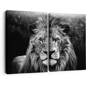 Artaza Canvas Schilderij Tweeluik Leeuw in het Wild - Leeuwenkop - Zwart Wit - 180x120 - Groot - Foto Op Canvas - Canvas Print