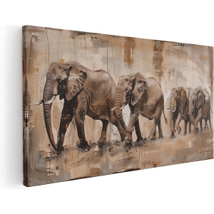 Artaza Canvas Schilderij Groep Olifanten die in een Veld Lopen - 100x50 - Muurdecoratie - Foto Op Canvas - Canvas Print