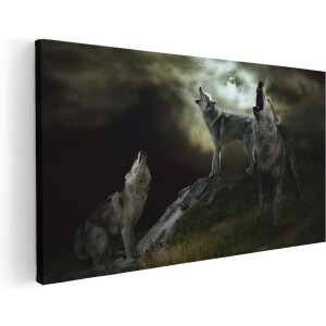 Artaza Canvas Schilderij Drie Huilende Wolven Tijdens Volle Maan - 60x30 - Foto Op Canvas - Canvas Print