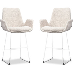 Nolon Nino-Eef Barkrukken Set van 2 Bouclé Beige - met Armleuning - Wit Onderstel - 65 cm - Voor Kookeiland - Barkruk met Rugleuning - Lage Armleuning - Scandinavisch