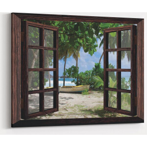 Schilderij - 100x75cm -Doorkijk op tropisch eiland - Raam schilderij - Canvas schilderij