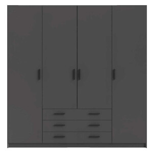 Leen Bakker - Kledingkast Sprint 4-deurs - Antraciet - 200x196x50 Cm - Spaanplaat - Grijs