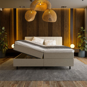 2-Persoons Boxspring Met Opbergruimte Beam - Beige - Beige 180x210 Cm - Pocketvering - Inclusief Topper - Dekbed-Discounter.nl