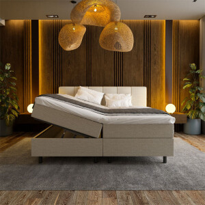 2-Persoons Boxspring Met Opbergruimte Wide - Beige - Beige 180x210 Cm - Pocketvering - Inclusief Topper - Dekbed-Discounter.nl