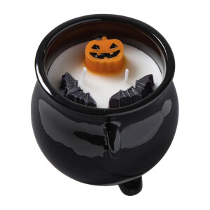 Halloween geurkaars heksenketel - wit/zwart - ø13x12 cm