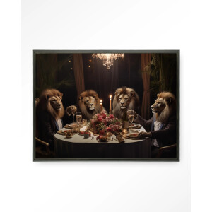 Urban Cotton Wandkleed 'Lions Dinner' 80 x 110cm in Floating Frame - black