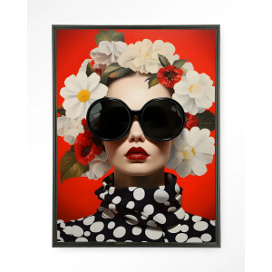Urban Cotton Wandkleed 'Red Flower' 80 x 110cm in Floating Frame - black