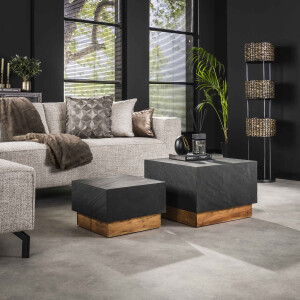 LifestyleFurn Salontafel 'Rondy' Leisteen en acaciahout, Set van 2 stuks