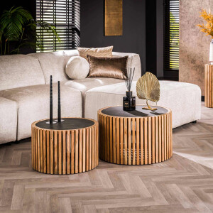 LifestyleFurn Ronde Salontafel 'Hebah' Acaciahout en leisteen, Set van 2 stuks