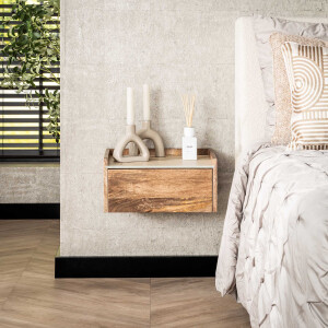 LifestyleFurn Zwevend Nachtkastje 'Beckie' Mangohout en travertinlook, Met 1 lade