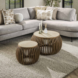 LifestyleFurn Ronde Salontafel 'Beckie' Mangohout en travertinlook, Set van 2 stuks
