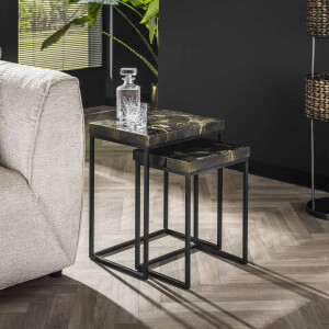 LifestyleFurn Bijzettafel 'Kaeo' Teakhout, Set van 2 stuks, kleur Zwart/Goud