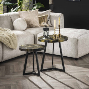 LifestyleFurn Salontafel 'Kaeo' Teakhout, Set van 2 stuks, kleur Zwart/Goud