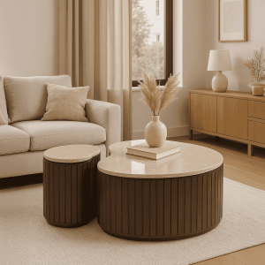 Brix Organische Salontafel 'Sorai' Bottecino marmer en bruin mangohout, Set van 2 stuks