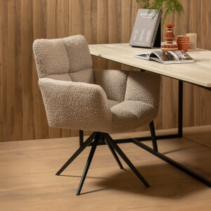 WOOOD Draaibare Eetkamerstoel 'Vinny' Bouclé met armleuning, kleur Zand