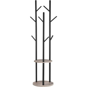 Brenzoos - Garderobestandaard met boomvorm design - vrijstaand kledingrek met 8 haken en 2 planken - voor kleding, hoed en tas - woonkamer, slaapkamer, kantoor - greige-zwart