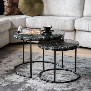 By-Boo Ronde Salontafel 'Romeo' Zwart Marmer, Set van 2 stuks