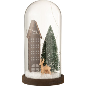 J-Line decoratie Stolp Huis Kerst - glas/hout - bruin/groen - large - LED lichtjes