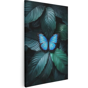 Artaza Canvas Schilderij Blauwe Vlinder Rustend op Groene Bladeren - 60x90 - Muurdecoratie - Foto Op Canvas - Canvas Print