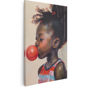 Artaza Canvas Schilderij Klein Meisje Blaast een Kauwgom - 20x30 - Klein - Foto Op Canvas - Canvas Print