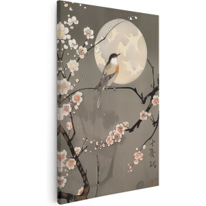 Artaza Canvas Schilderij Vogel Zat op een Tak met Bloesems - 80x120 - Groot - Foto Op Canvas - Canvas Print