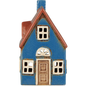 Ib Laursen - Keramieken huisje - waxinelichthouder - blauw bruine deur