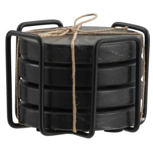 Leen Bakker - Onderzetters Zwart - Set Van 4 - Ø11 Cm - Met Houder - Marmer - Wit - B13 Cm