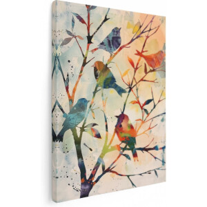 Artaza Canvas Schilderij Kleurrijke Vogels in een Boom - 90x120 - Wanddecoratie - Foto Op Canvas - Canvas Print