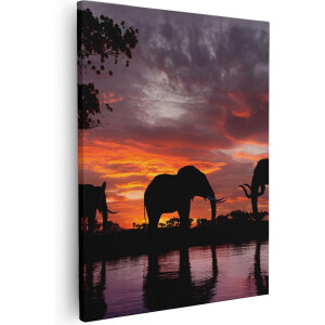 Artaza Canvas Schilderij Olifanten Tijdens Zonsondergang - Silhouet - 80x100 - Groot - Foto Op Canvas - Canvas Print