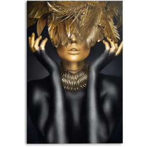 Glasschilderij Vrouw met gouden veren - 116x78cm - Glas - REINDERS