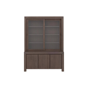 Goossens Buffetkast Clear, 2 glasdeuren boven, 3 dichte deuren onder, donker bruin eiken, 162 x 225 x 45 cm, stijlvol landelijk