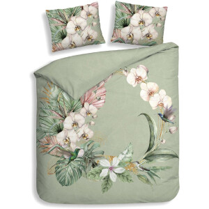 Heckettlane Dekbedovertrek Ana - Dekbed met instopstrook - Groen - 100% Katoen-Satijn - Bloemen - 240x220 + 2 slopen 60/70 cm