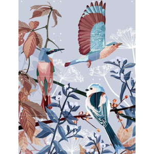IXXI Birds of Winter, Goed Blauw - 60 x 80 cm - Gratis ophangtool - Grote wanddecoratie en posters - Illustraties, Botanisch, Natuur, Vogels
