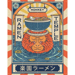 IXXI Ramen Temple Monkey, Ryan Ragnini - 80 x 100 cm - Gratis ophangtool - Grote wanddecoratie en posters - Illustraties, Kleurrijk, Pop art, Vintage