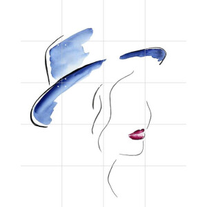 IXXI Lady with the Blue Hat, Natalie Bruns - 80 x 100 cm - Gratis ophangtool - Grote wanddecoratie en posters - Line art, Abstract, Minimalistisch