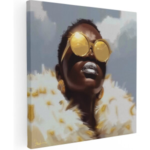 Artaza Canvas Schilderij Vrouw met Gouden Zonnebril en een Bontjas - 40x40 - Klein - Foto Op Canvas - Canvas Print
