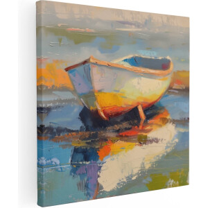 Artaza Canvas Schilderij Kunstwerk van een Boot aan de Kust - 50x50 - Wanddecoratie - Foto Op Canvas - Canvas Print