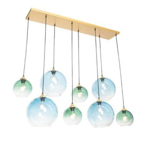 QAZQA Hanglamp messing met blauw en groen glas 8-lichts - Sandra